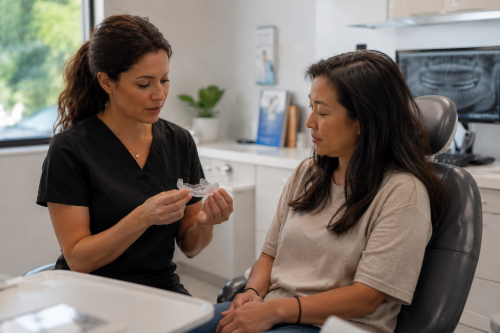 Dentist explaining the benefits of a custom night guard to a patient during a dental consultation