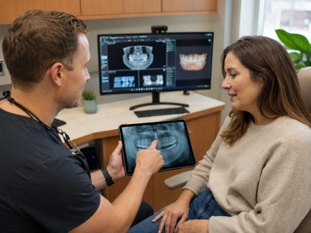 Dentist reviewing treatment priorities and a personalized dental care plan with a patient.